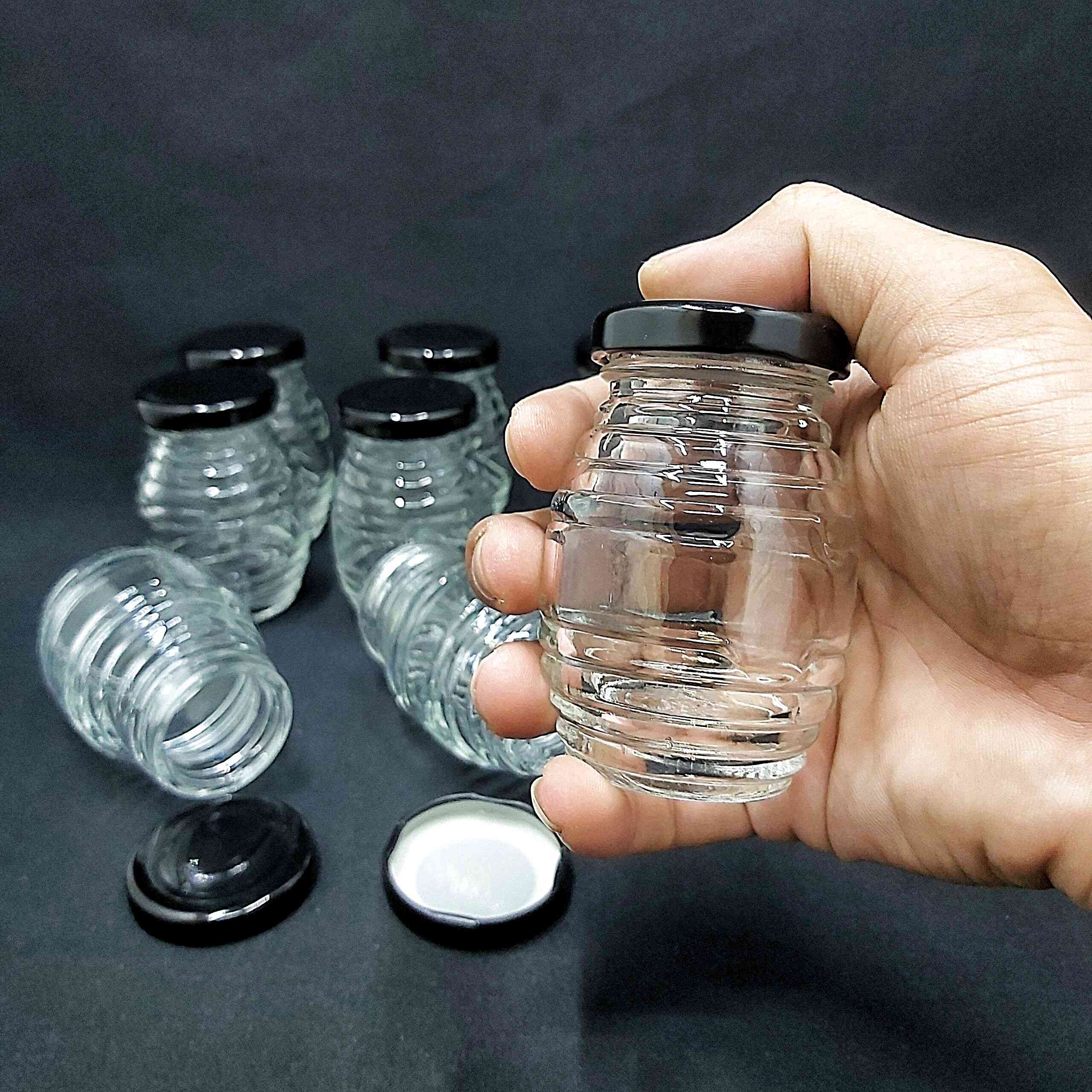 Combo 10 hũ thủy tinh 100ml mẫu con ong nắp thiếc đen vặn – hủ đựng mật ong, yến chưng, gia vị, sữa chua