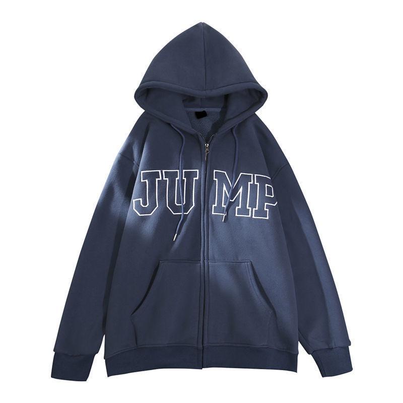 Áo khoác Nỉ Hoodie mũ 2 lớp from rộng tay bồng khóa kéo xanh than, Áo hoodie zip unisex in chữ JUMP .