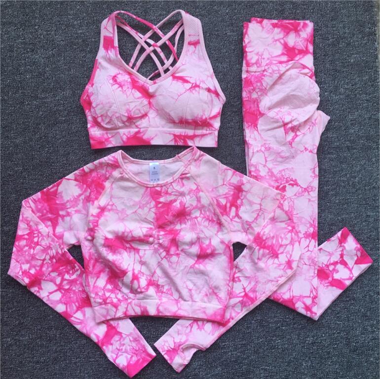 1/2/3PCS Phụ nữ nhuộm tay áo dài tay cropsit Tracks Leggings Sportswear Suit Suit Scrunch Short Set Yoga Set Color: pink pant Size: S