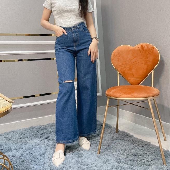 Quần jean ống rộng Xanh rách gối, kèm ảnh thật và video