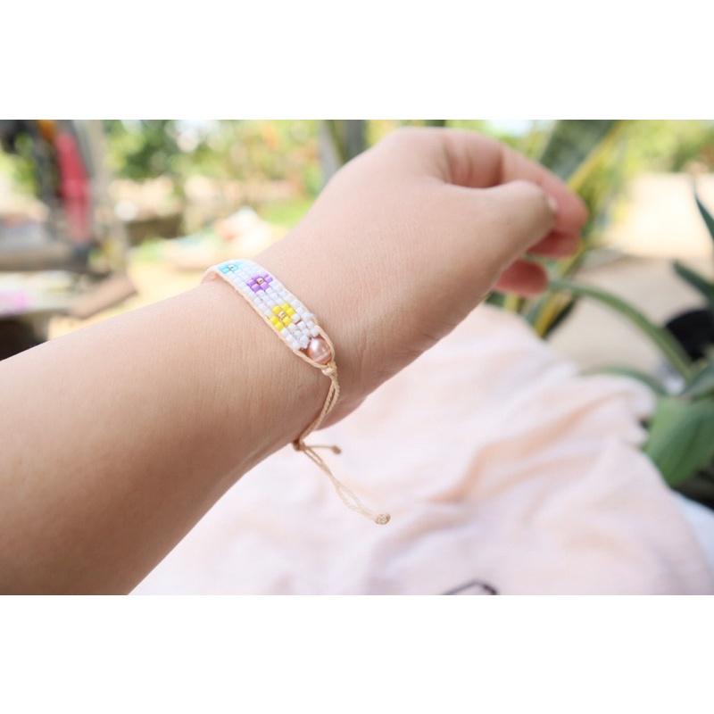 N17 Vòng tay handmade đan hạt cườm miyuki cao cấp kết hợp với Ngọc thật màu Hồng tím xinh xắn