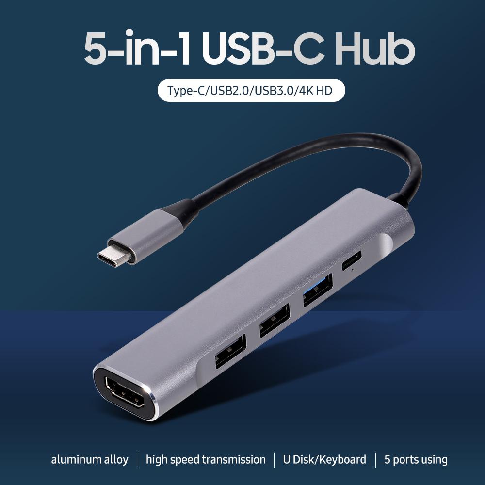 5-in-1 USB-C Hub USB3.0 USB2.0 Type-C to 4K HD Converter PD Quick Charge /Data Transfer USB Hub