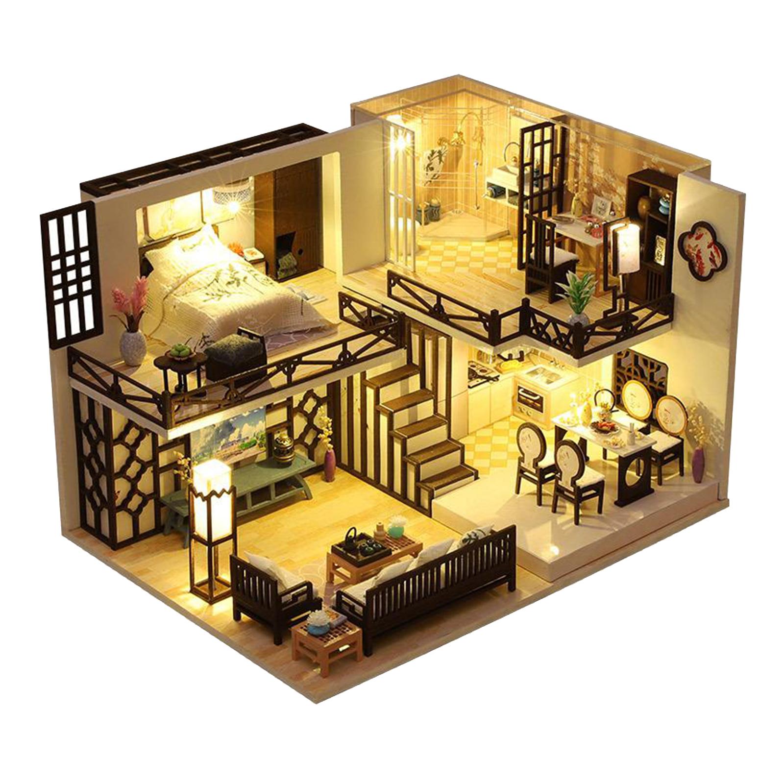 DIY Miniature DollHouse Kit LED House Model Gift Crafts with Accessories