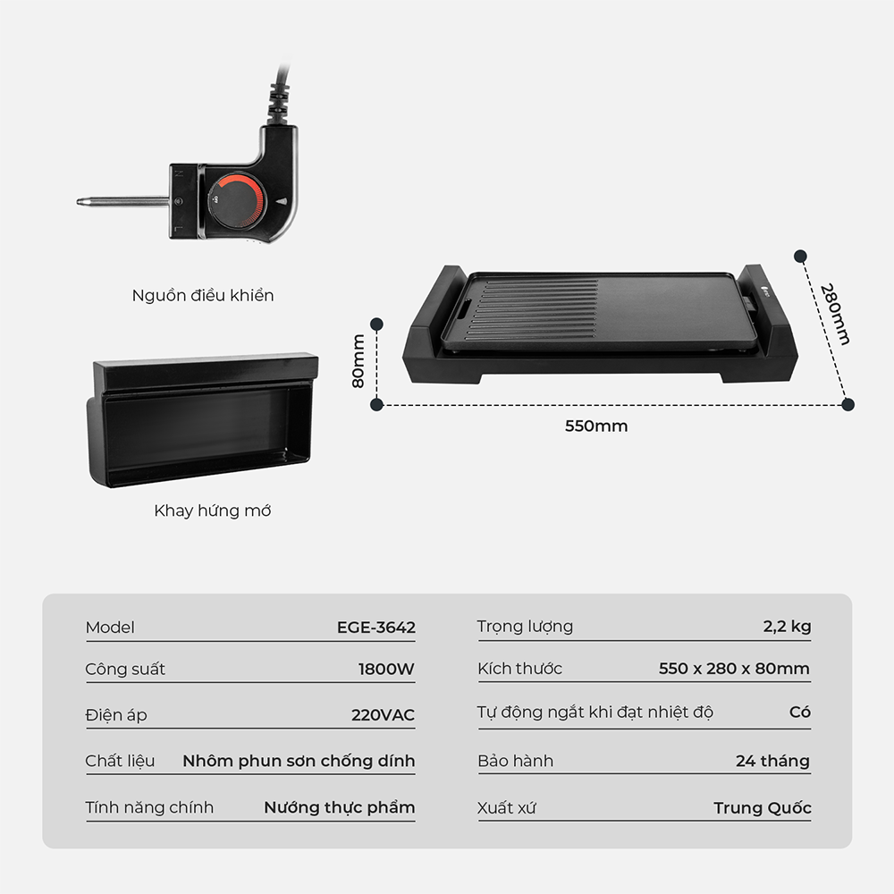 Vỉ Nướng Elmich EGE-3642 Nướng Thịt, Rau Củ Thơm Ngon Cho Gia đình Sum họp