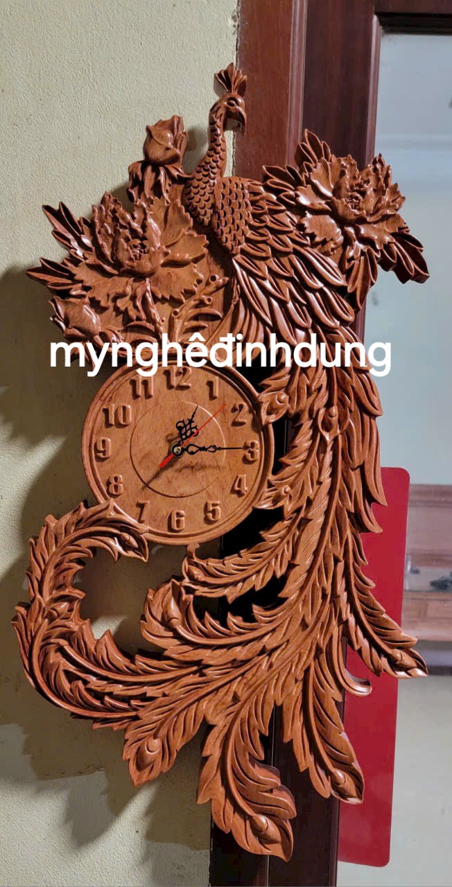 Tranh đồng hồ treo tường khắc phu thê viên mãn bằng gỗ  hương đá kt 60x36x3cm