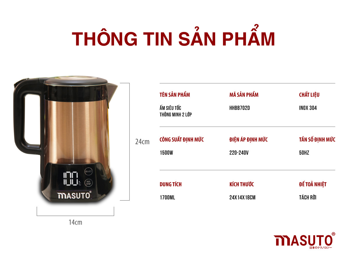 Ấm Siêu Tốc Thông Minh 2 Lớp Cách Nhiệt Chống Bỏng 3in1 Masuto Công Nghệ Nhật Bản Đun Siêu Nhanh Có Cài Đặt Nhiệt Độ Hàng Chính Hãng