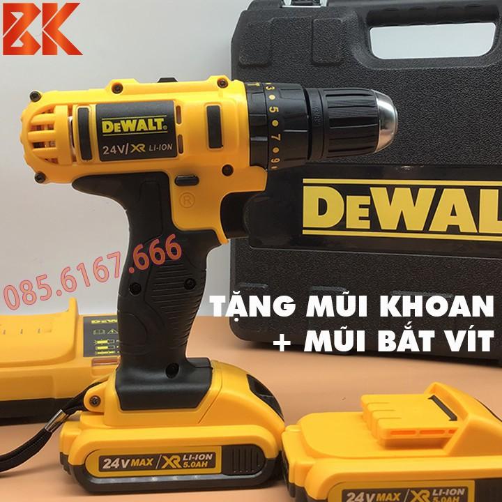 Máy Khoan Pin Dewalt 24V - Có Búa - Lõi Đồng - Pin chuẩn 5 CELL - Kèm Đầu Khẩu + Đầu Vít