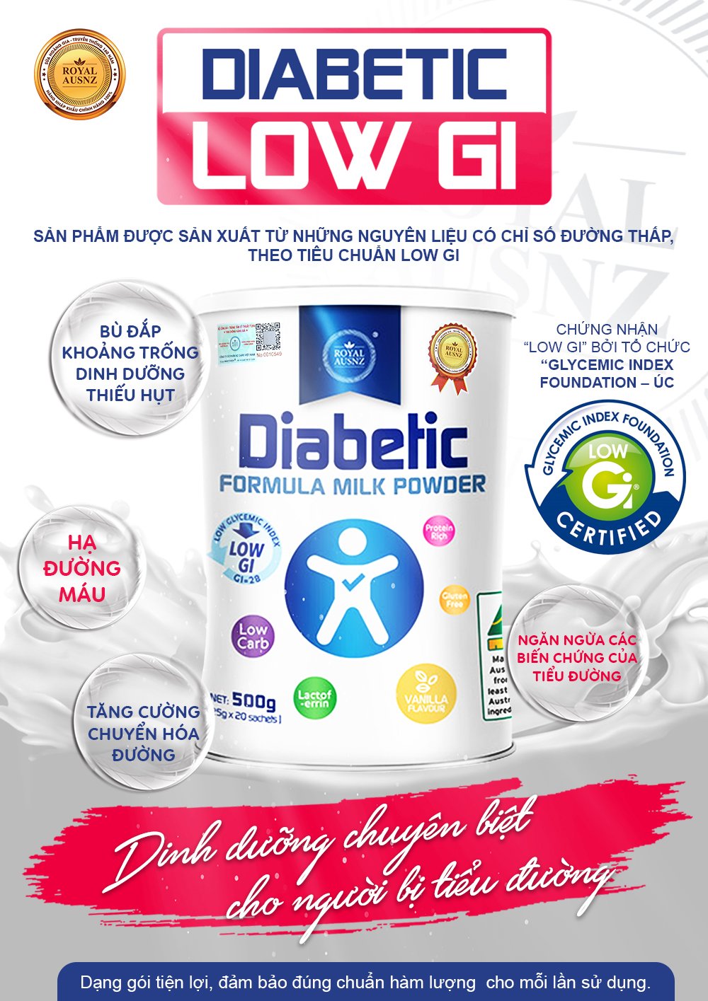 Sữa Bột RoyalAusnz Úc Diabetic Formula Hỗ Trợ Hạ Đường Máu Dành Cho Người Tiểu Đường Hộp 500gr
