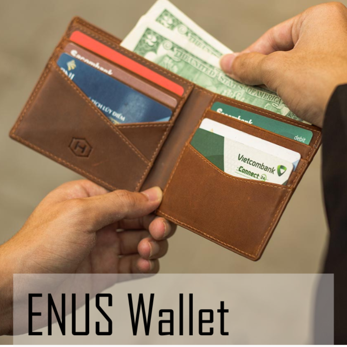 Ví Nam, ví ngắn Enus Handcrafted Wallet Da bò thật 100% nhập khẩu