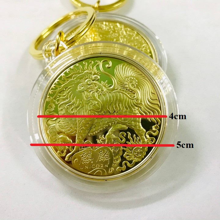 Móc Khóa xu Kỳ Lân Vàng Dùng để trang trí chìa khóa, tăng tính thẩm mỹ, mang lại may mắn. Làm quà tặng dịp Lễ, Tết, kích thước 5cm, màu vàng - TMT Collection - SP000412