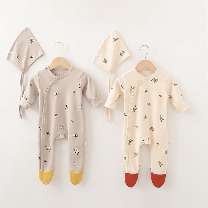 Bodysuits cotton dài tay kèm mũ cho bé sơ sinh từ 0 đến 24 tháng, style Hàn Quốc