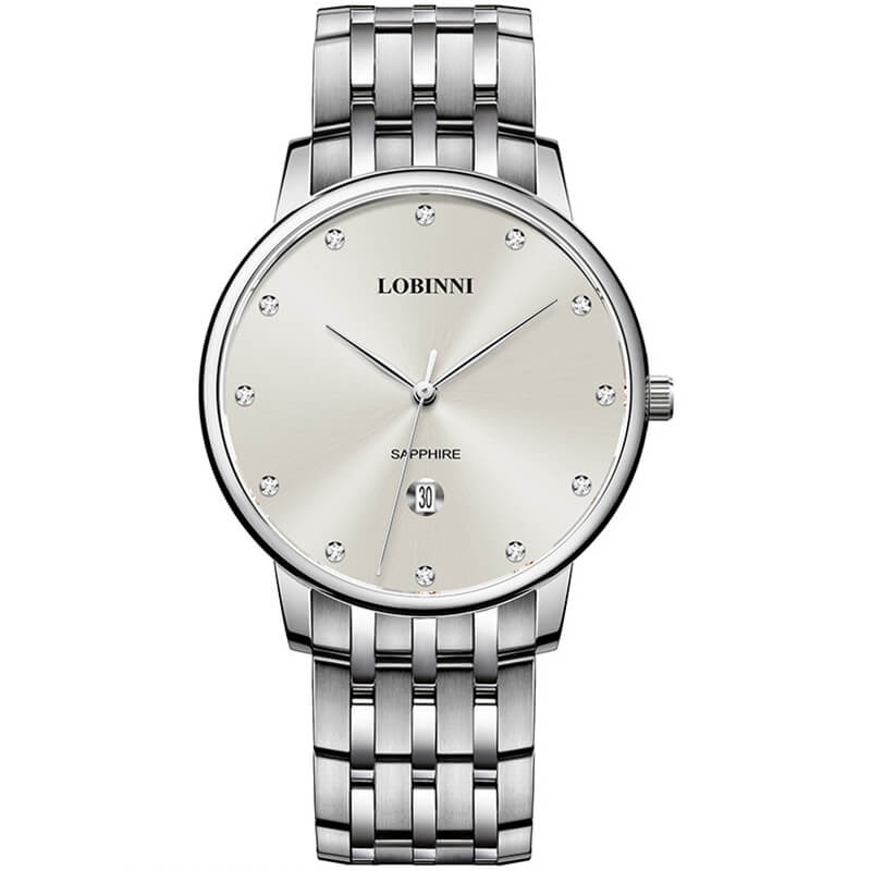 Đồng hồ nam Lobinni L3010-7 chính hãng Thụy Sỹ ,Kính sapphire ,chống xước ,Chống nước 30m,mặt trắng vỏ trắng dây kim loại thép không gỉ 316L,Máy điện tử  ,Bảo hành 24 Tháng,thiết kế đơn giản ,trẻ trung và sang trọng