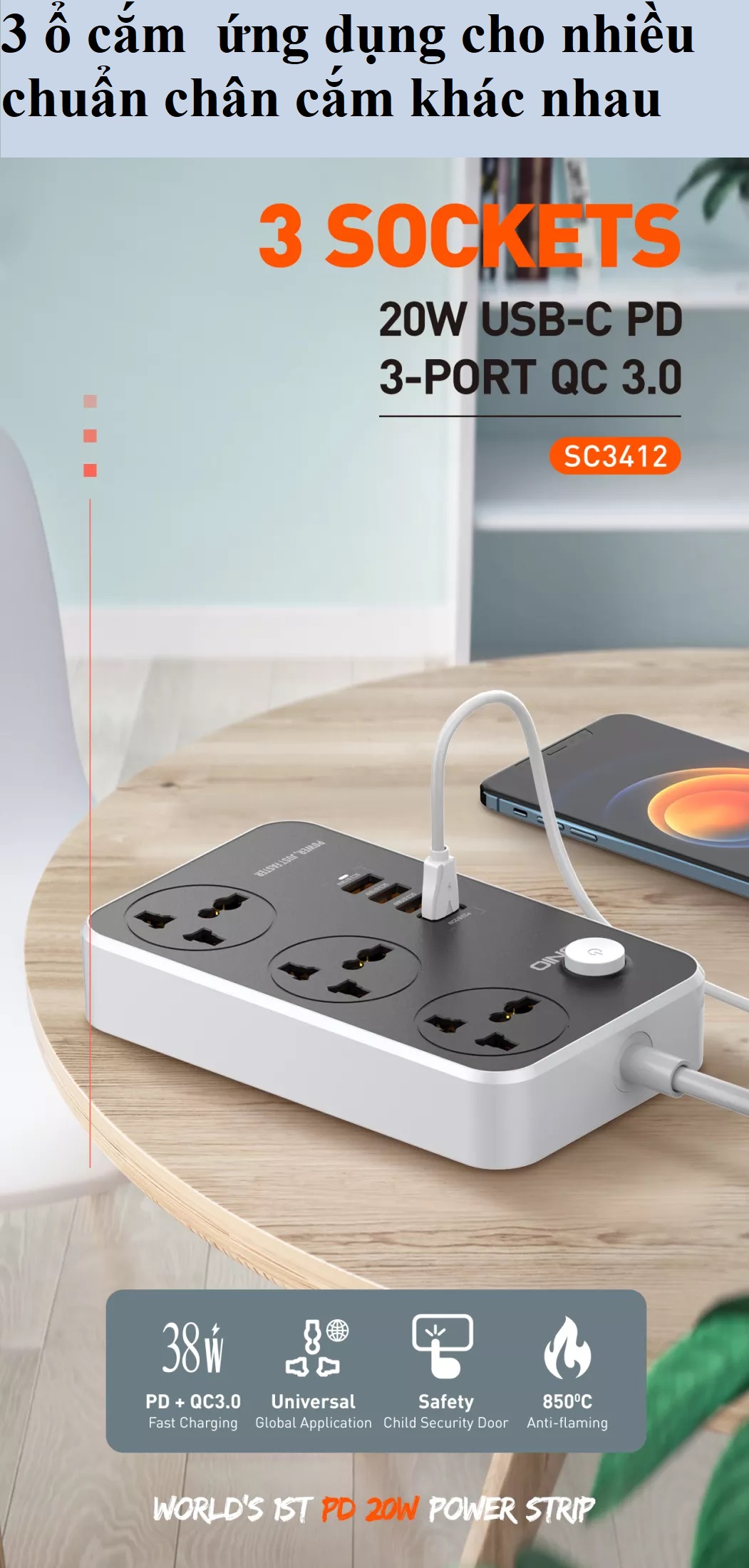 Ổ cắm đa năng 2500W hỗ trợ 3 cổng USB QC18W và PD20W LDNIO SC3412 _ hàng chính hãng