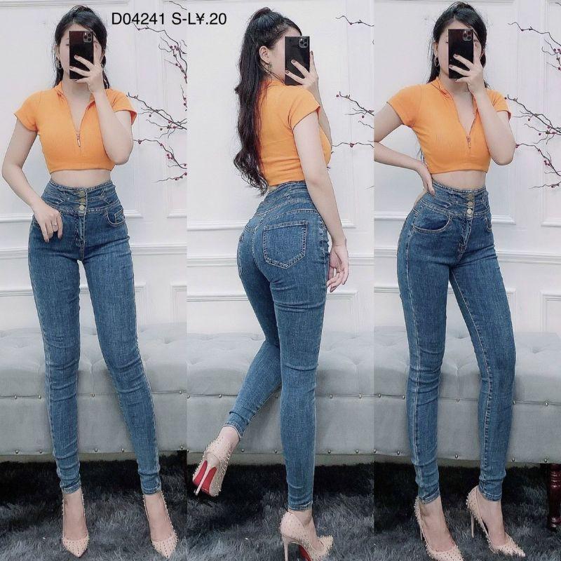 Quần jeans nữ lưng cao 3 nút chất jeans giấy cao cấp - D0424