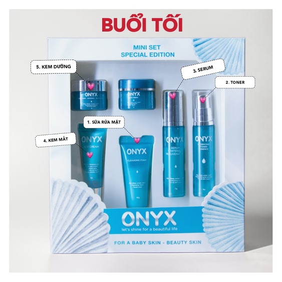 Trọn Bộ 6 Món Dưỡng Da ONYX Mini, Sữa Rửa Mặt, Nước Hoa Hồng, Serum, Kem Dưỡng, Kem Chống Nắng, Kem Dưỡng Da Mắt, Dưỡng Ẩm Làm Sáng, Ngăn Ngừa Lão Hóa Và Bảo Vệ Da 46ml