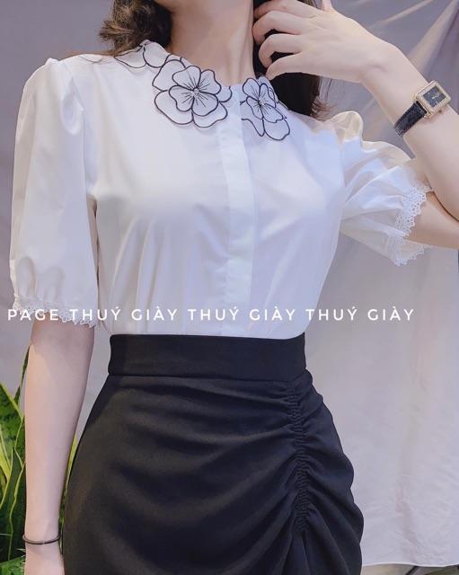 Áo sơ mi cổ ren hoa thiết kế có video