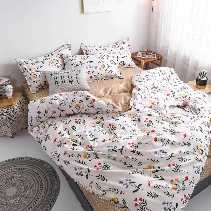 Bộ chăn ga gối Hàn Quốc hoa nhí vàng hiện đại bo chun đủ kích thước.