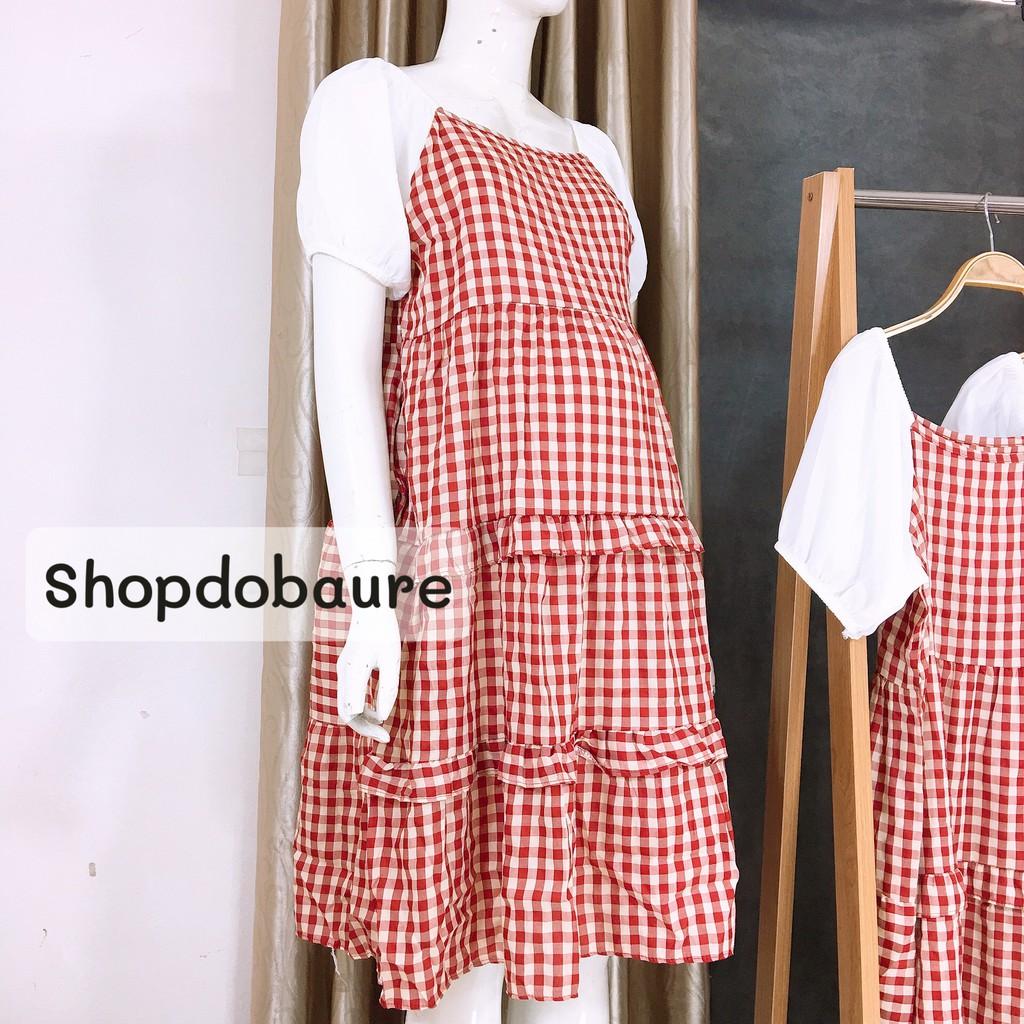 Váy bầu kẻ cổ vuông tay trắng