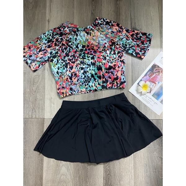 Đồ bơi nữ big size kín đáo- Bikini đi biển tay ngắn áo croptop váy xoè- shopnabi