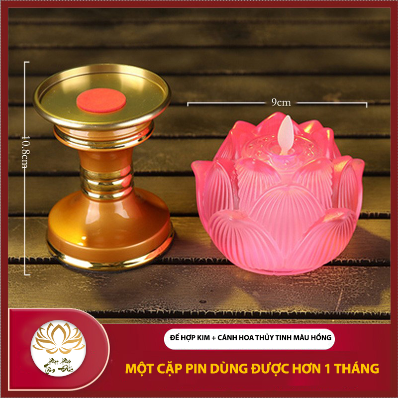 Đèn thờ, đèn ban thờ đế hợp kim hoa sen thủy tinh LED cao cấp - Cỡ lớn