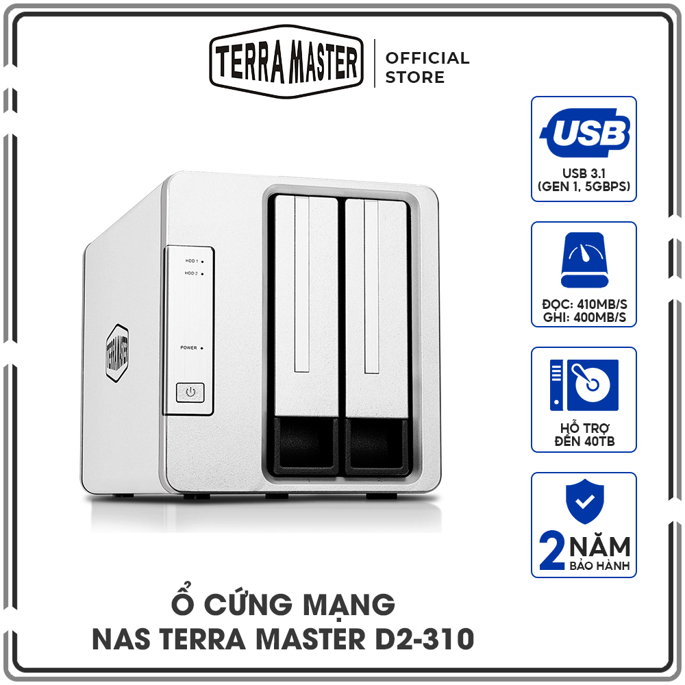 Thiết bị lưu trữ DAS TerraMaster D2-310 USB 3.1 Type-C - 2 khay ổ cứng Hàng chính hãng