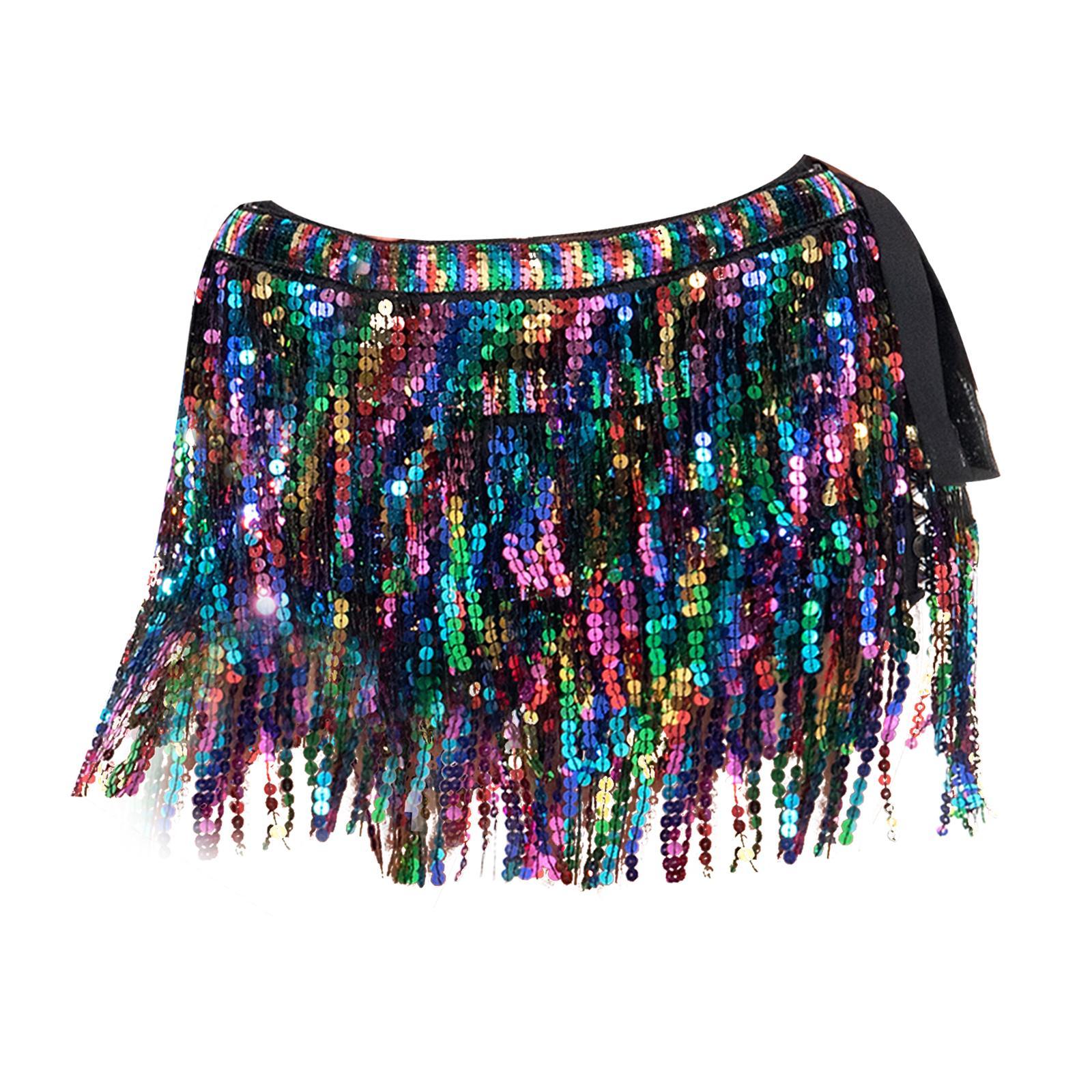 Women Belly Dance Hip Skirt Tassel Scarf Belt Latin Samba Sequin Wrap Dress