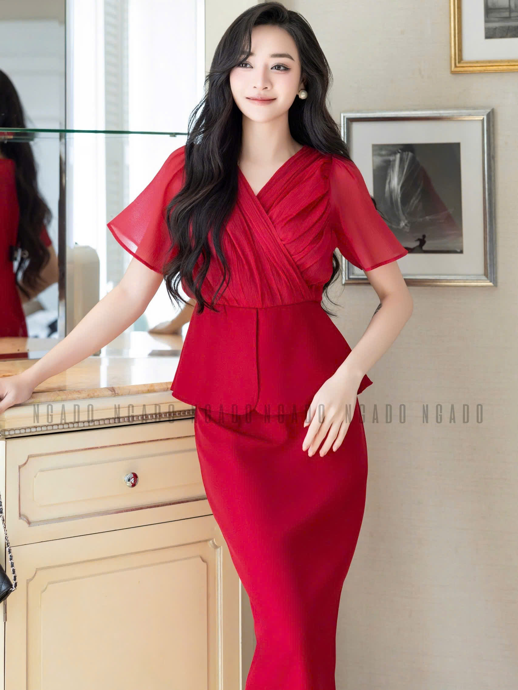 Set áo váy đỏ cổ tim NGADO , Set đồ nữ , Set áo váy thiết kế