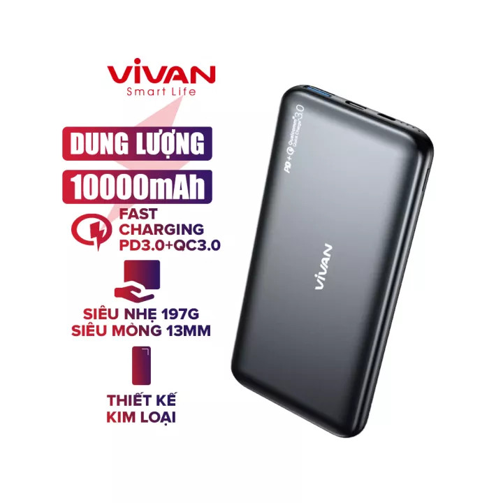 Pin Sạc Dự Phòng 10.000mAh VIVAN VPB-N10 20W Quick Charge PD/QC 3.0 &amp; 2 Output - Hàng Chính Hãng