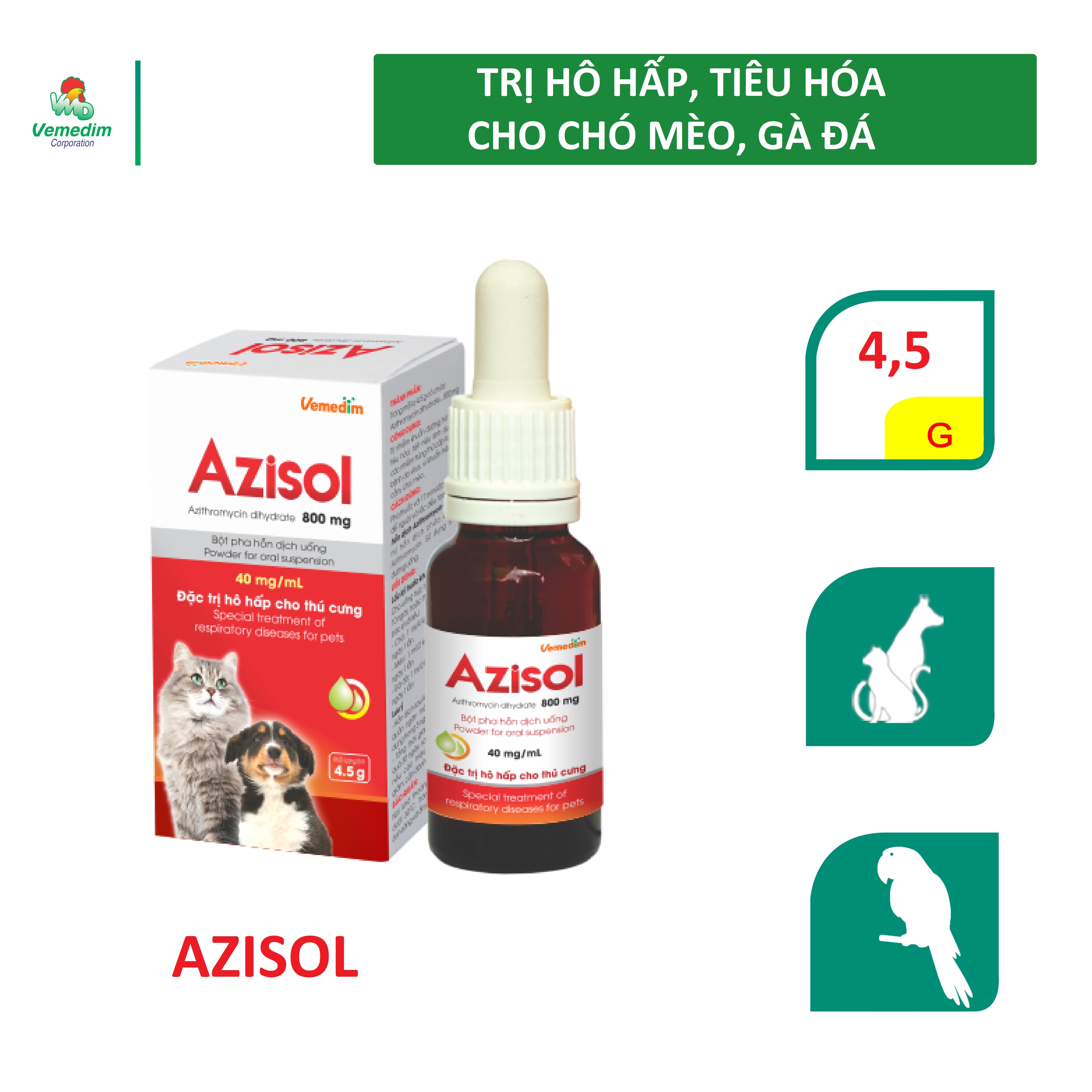 Vemedim Azisol bột pha uống phòng trị hô hấp, tiêu hóa trên chó, mèo, gà đá, lọ 4.5g 