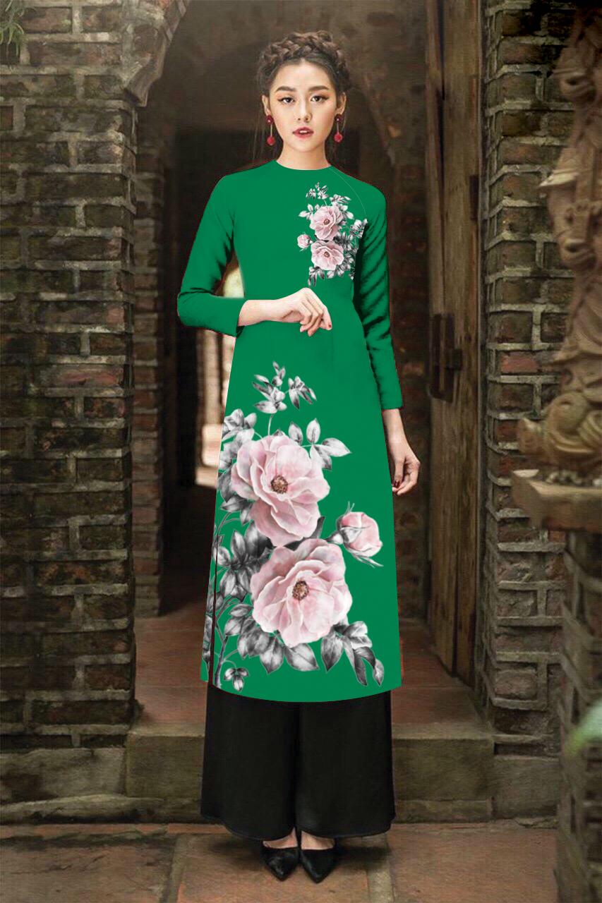 Áo dài cách tân in nụ tầm xuân cao cấp - KHÔNG KÈM QUẦN