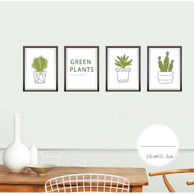 Decal trang trí tường - 4 Khung tranh chậu Xương Rồng