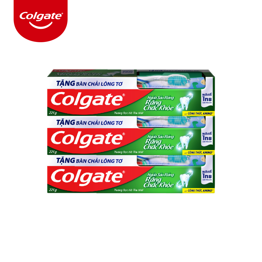 Bộ 3 kem đánh răng Colgate ngừa sâu răng răng chắc khỏe 225g/ tuýp tặng bàn chải lông tơ cao cấp Thái Lan