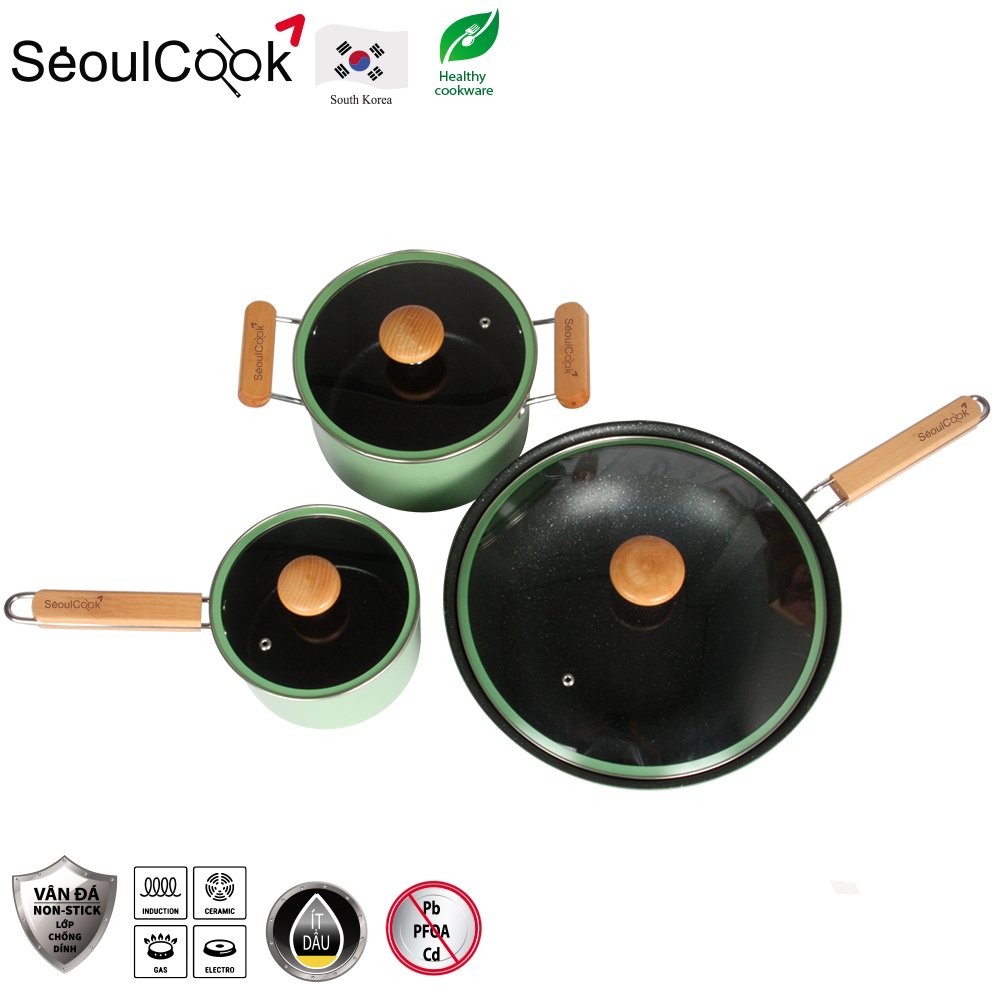 Bộ 3 món nồi chảo đáy từ Seoulcook Luxury cao cấp Hàn Quốc, chống dính vân đá an toàn cho sức khỏe, dùng được tất cả các loại bếp/ Induction