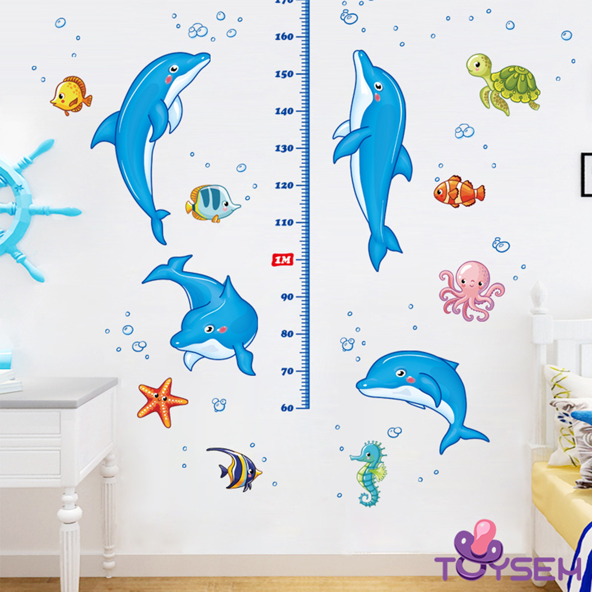Decal dán tường thước đo chiều cao cho bé hình cá heo xanh - Trang trí decor phòng cho bé - Quà Tặng sinh nhật cho trẻ
