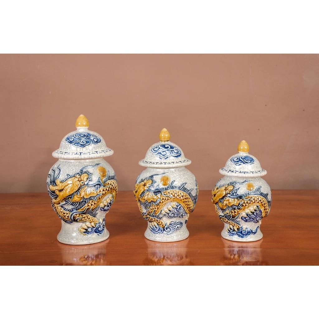 Bộ đồ cúng - Chóe rồng bay - Men rạn đắp nổi - Gốm sứ Bát Tràng - Làng Gốm