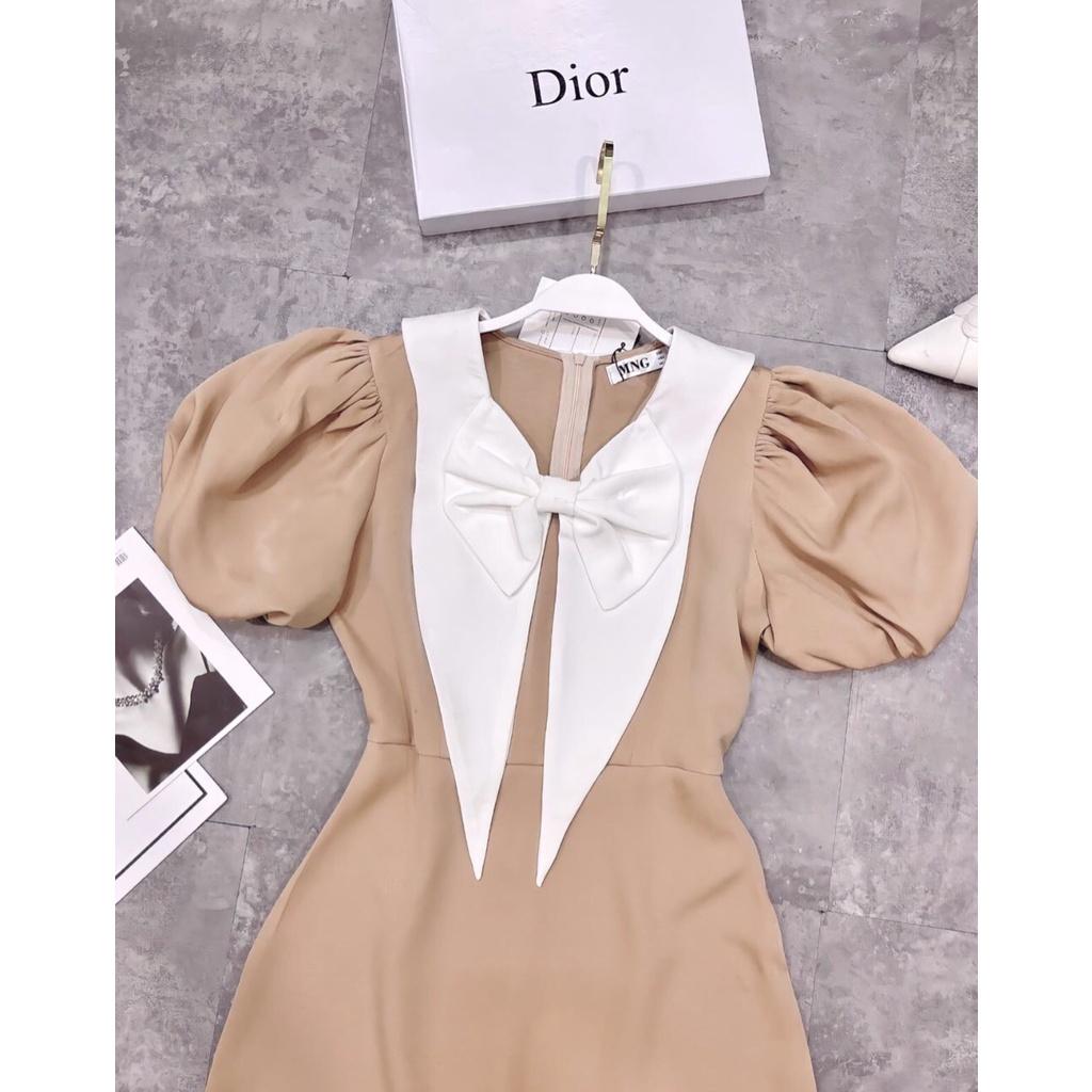 Váy nữ màu be, tay bồng, kèm nơ cách điệu, đi chơi, đi làm đều ok