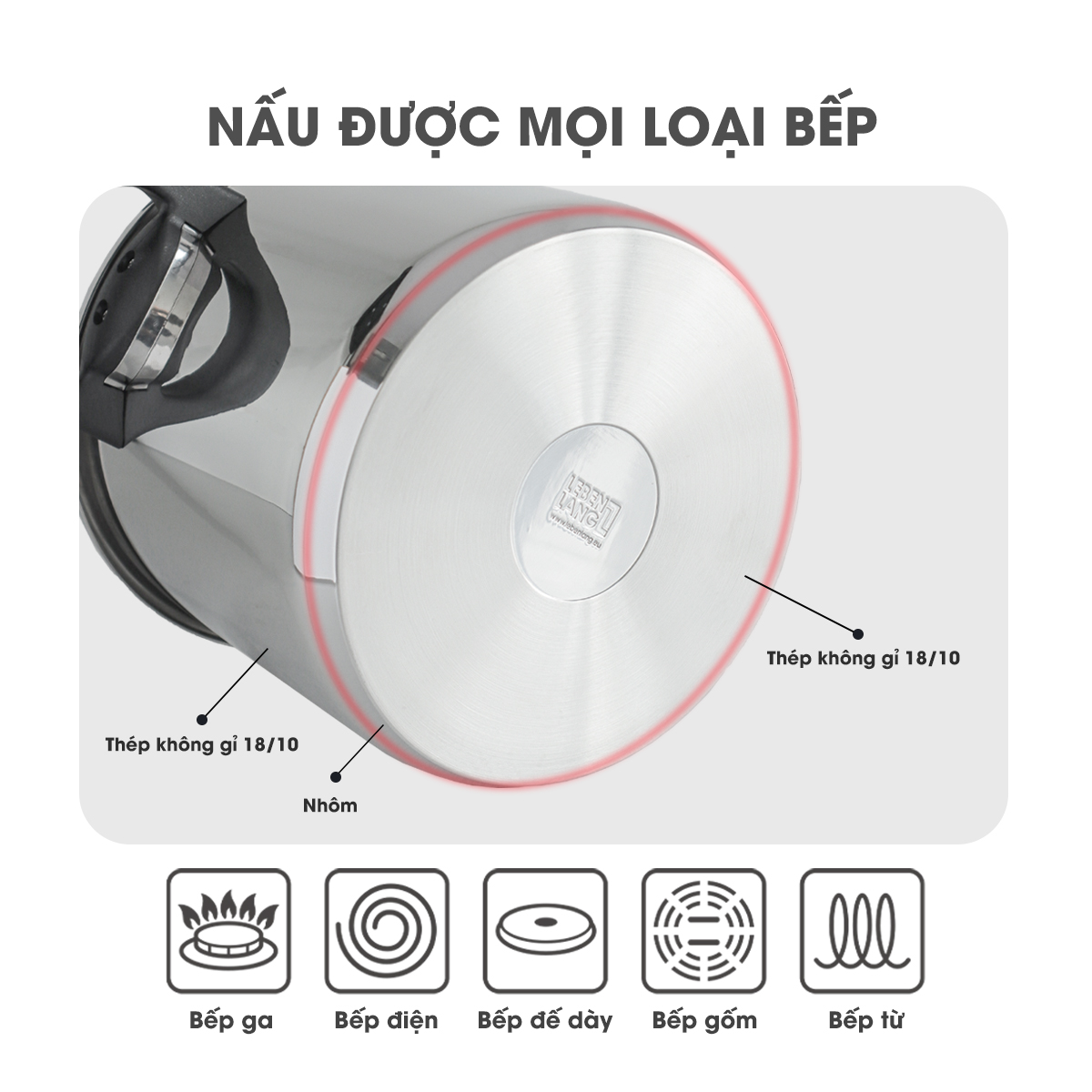 Nồi áp suất LEBENLANG LBL0909, nấu được mọi loại bếp, dung tích 5,5 lít, chất liệu inox cao cấp – hàng chính hãng