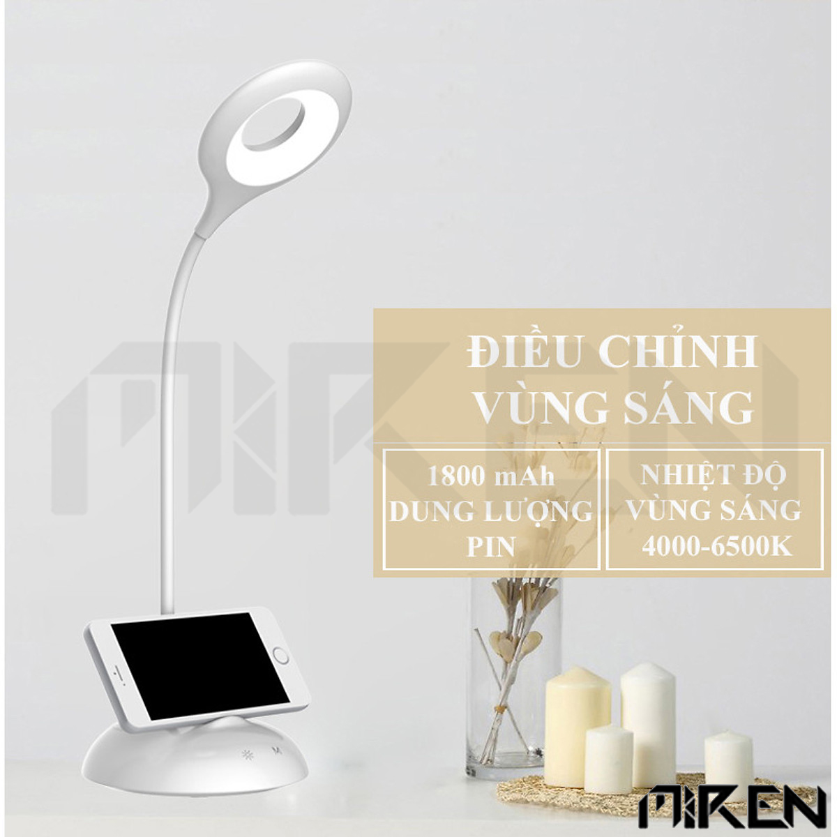 Hình ảnh Đèn Bàn Học Đọc Sách Làm Việc LED Chống Cận Bảo Vệ Mắt – Cảm Ứng Tích Hợp Pin 1800mAh – Vùng Sáng 4000-6500K – 3 Cấp Độ Điều Chỉnh – Kết Hợp Kê Điện Thoại Tiện Lợi 