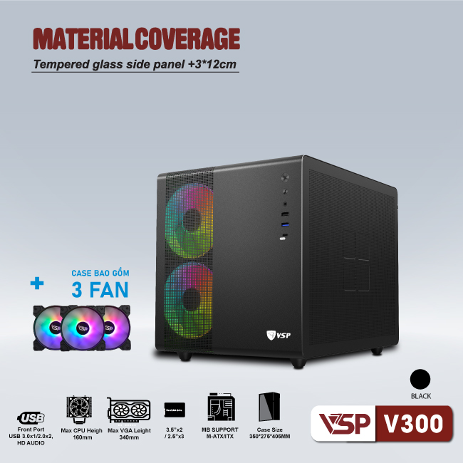 Vỏ máy tính Case VSP V300 [ĐEN] sẵn 3 Fan LED ARGB Gaming Kính cường lực (M-ATX/ ITX) - Hàng chính hãng VSP phân phối