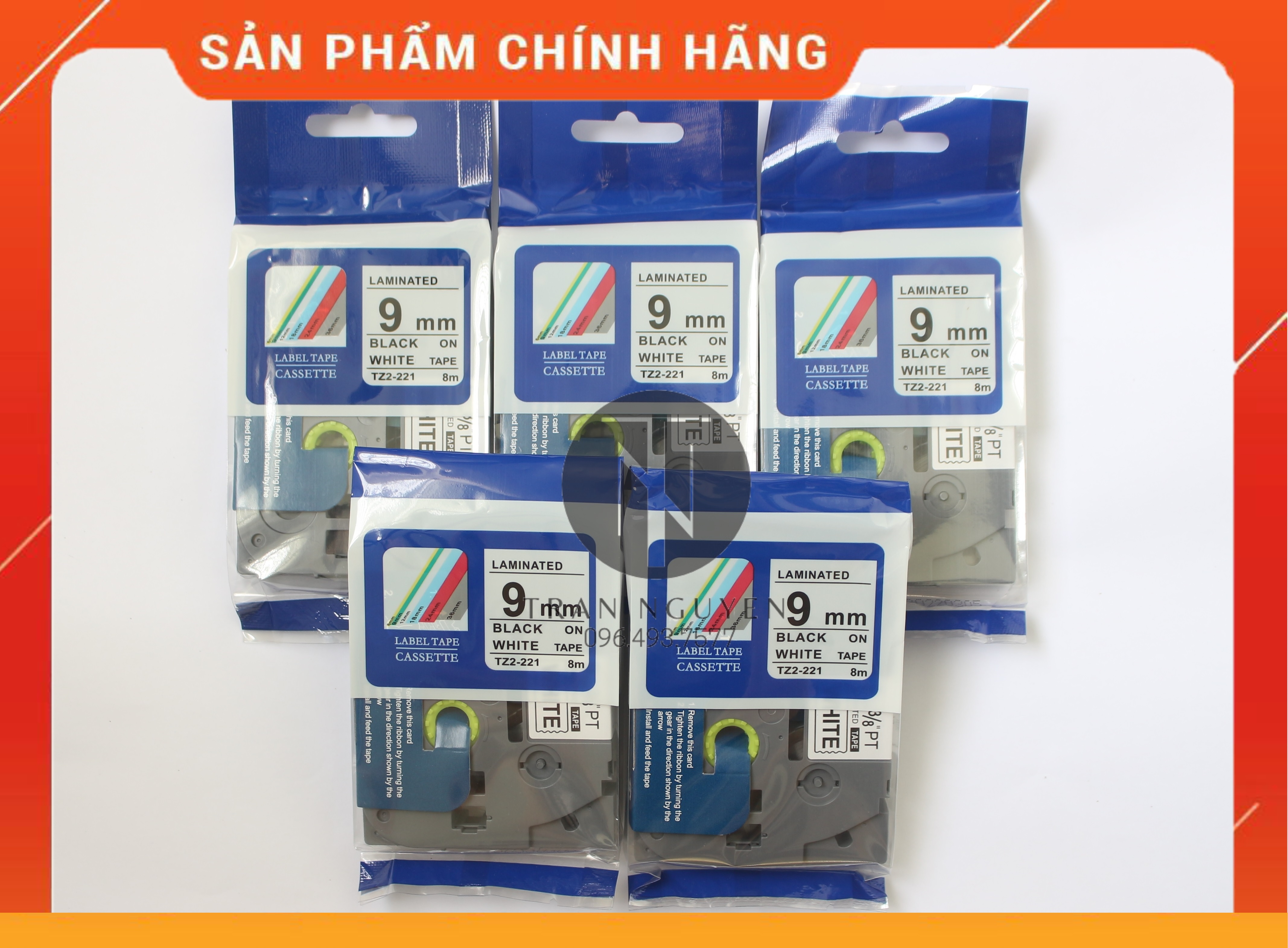 Nhãn In đa lớp Tz2-221 - Đen nền trắng 9mm x 8m- hàng chính hãng