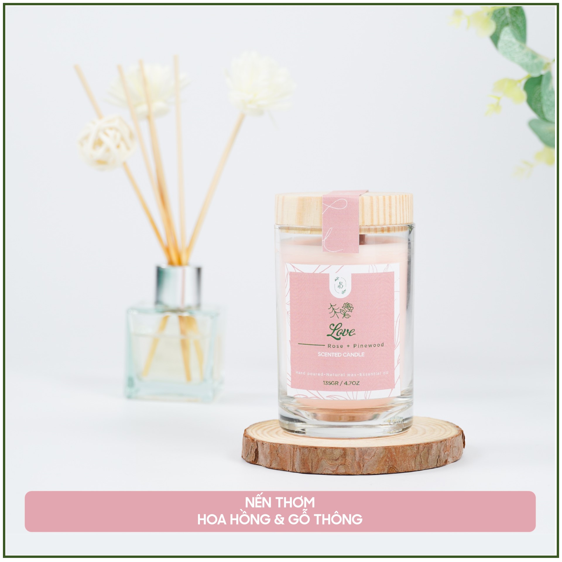 Nến thơm hương hoa hồng tinh dầu thiên nhiên cao cấp - Bấc gỗ, không khói - Sáp nành [Love Candle]