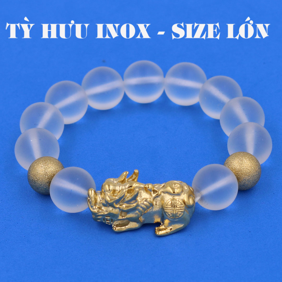 Vòng chuỗi đeo tay đá thạch anh trắng mờ 14 ly  charm tỳ hưu và bi inox vàng, vòng tay chuỗi hạt