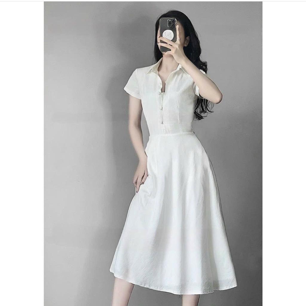 Đầm xoè sơmi nút bọc 2 túi