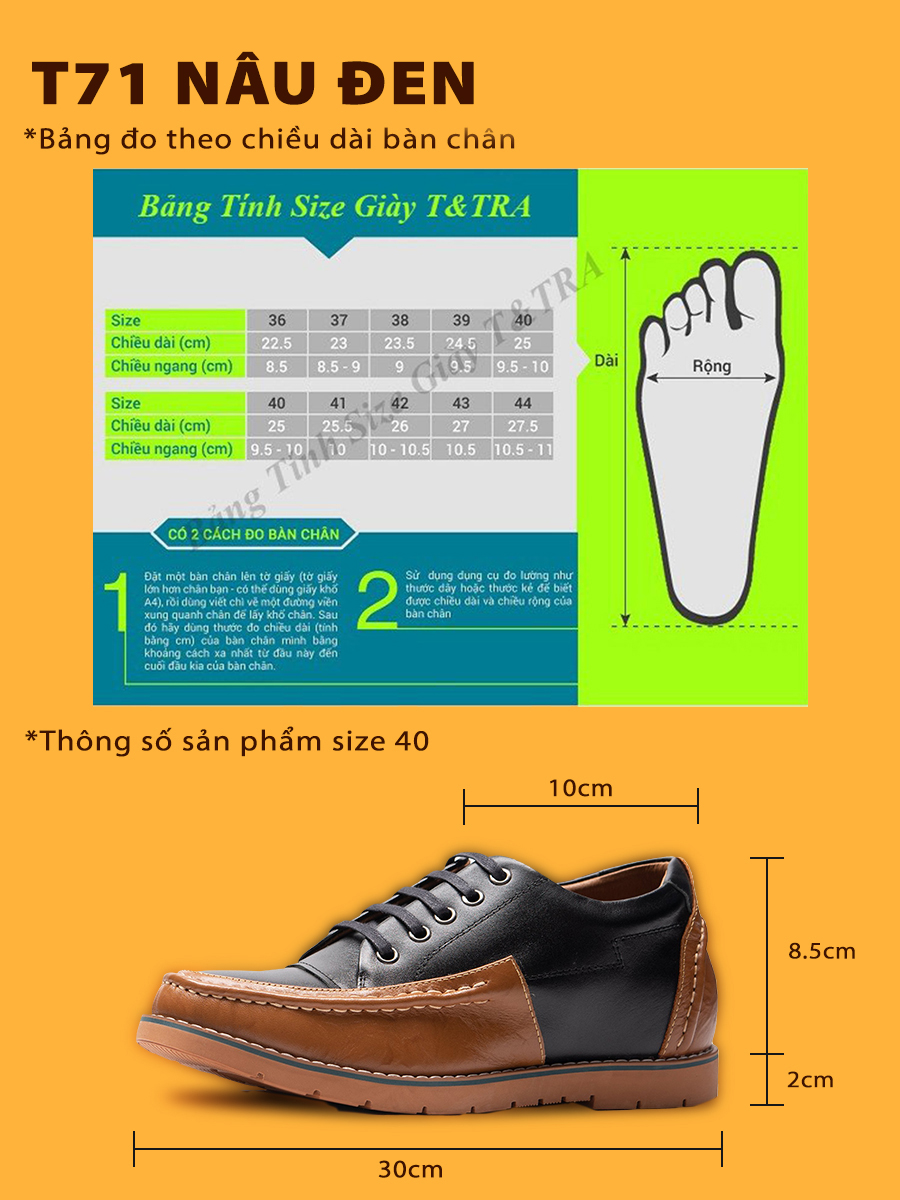 Giày Độn Nam T&TRA Tăng Cao 5Cm- T71 Đen Nâu - Chất Liệu Da Bò Cao Cấp, Đế Cao Su Đúc , Phần Tăng Cao Ẩn Bên Trong