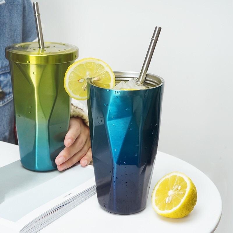 LY GIỮ NHIỆT NÓNG LẠNH CÓ NẮP ĐẬY DUNG TÍCH 500ML - CỐC GIỮ NHIỆT 3D KIM CƯƠNG 2 LỚP INOX KHÔNG GỈ TẶNG KÈM ỐNG HÚT INOX