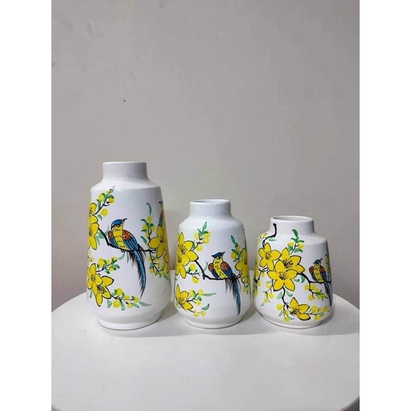 Set 3 lọ cắm hoa- trang trí, họa tiết vẽ thủ công.