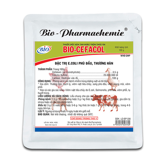 Thuốc bột hoà tan hoặc trộn thức ăn BIO-CEFACOL đặc trị ecoli phù đầu,thương hàn