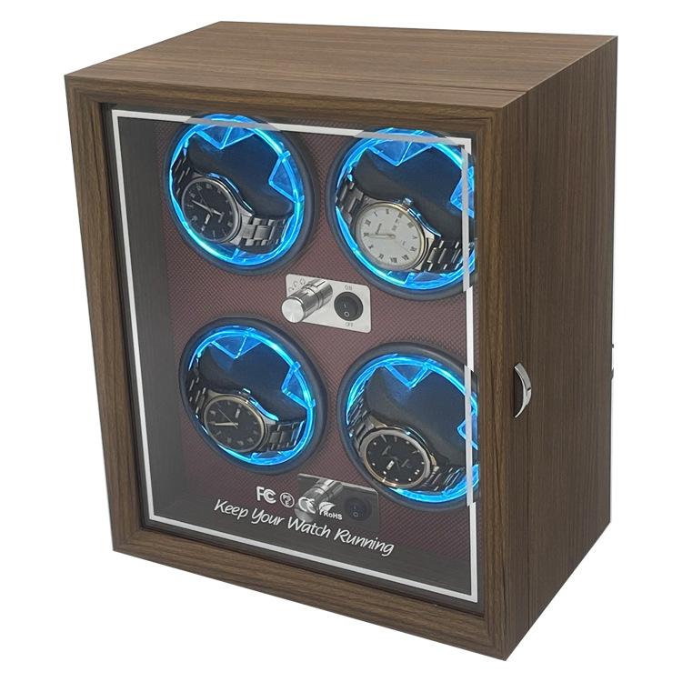 Hộp xoay đồng hồ cơ tự động lên cót 4 chiếc - Hộp đựng đồng hồ cơ vỏ gỗ với 5 chế độ và đèn LED