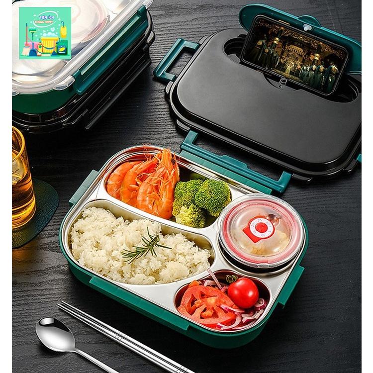 Hộp đựng cơm văn phòng giữ nhiệt hiện đại, 4 ngăn chống tràn, có bát để canh, tặng kèm đũa thìa inox siêu bền - TT1214
