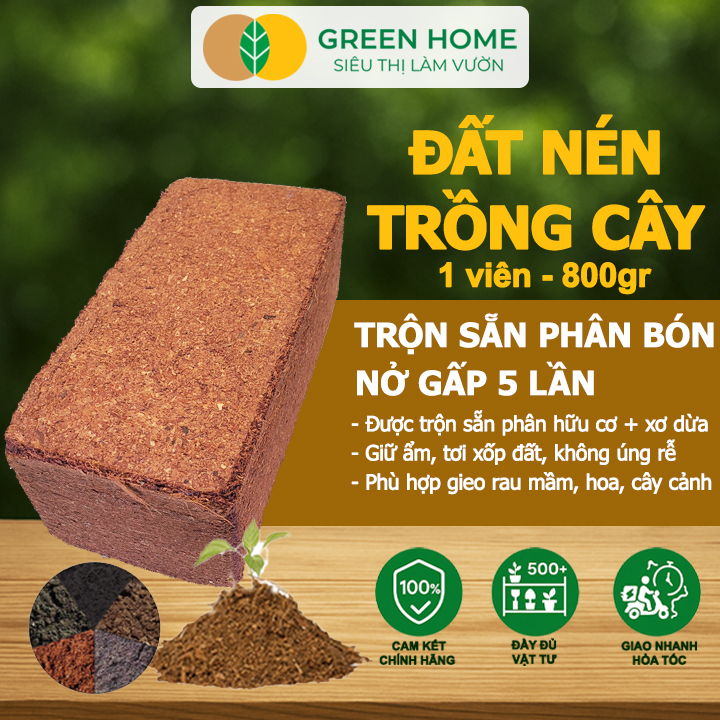 Đất Trồng Cây GreenHome, Viên Nén 800gr, Trộn Sẵn Phân Bón, Nở Gấp 5 Lần, Trồng Rau Hoa Cây Kiểng